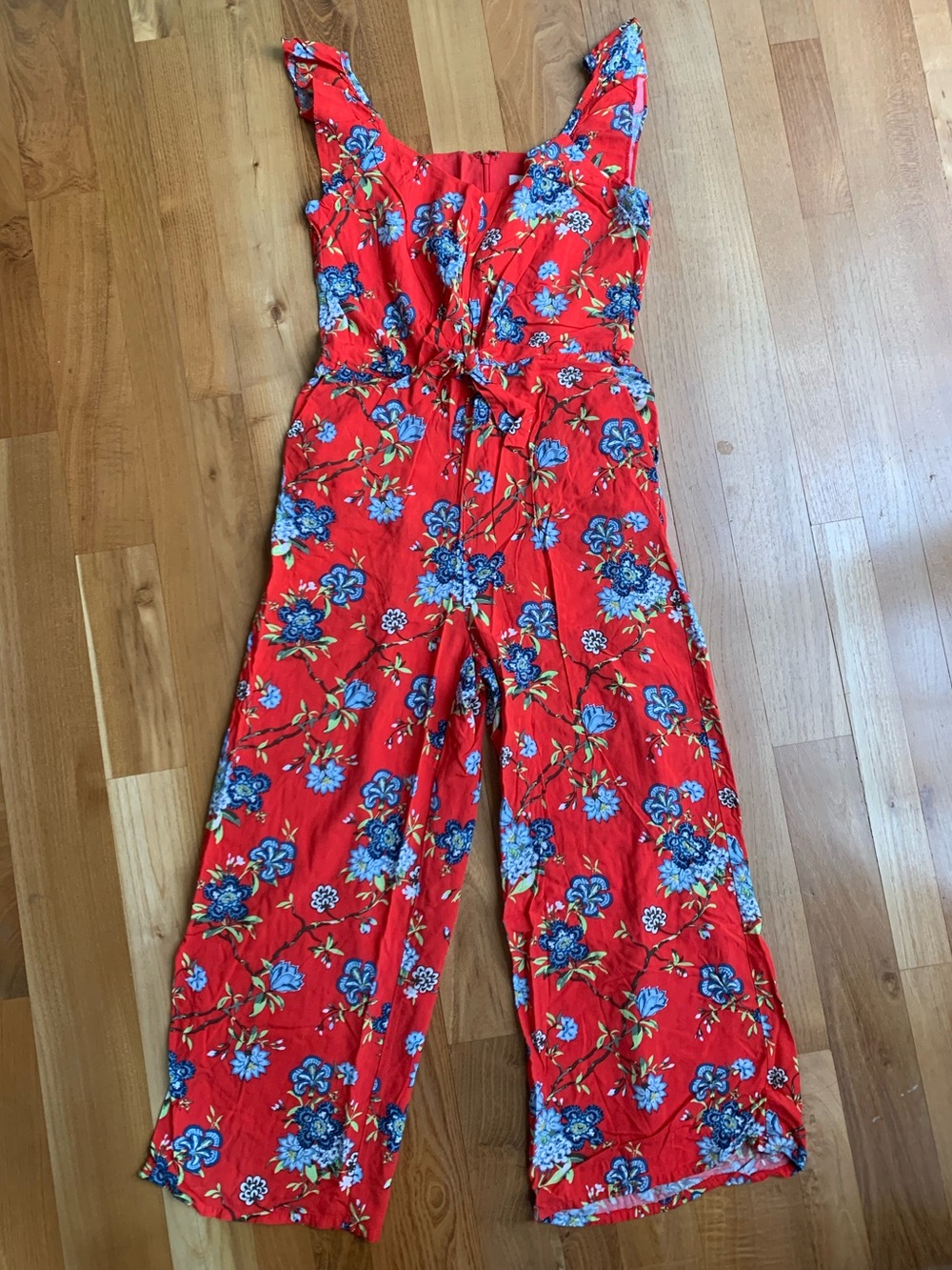 LOFT Red Floral Tie-Waist Wide-Leg Romper/Jumpsuit size 2